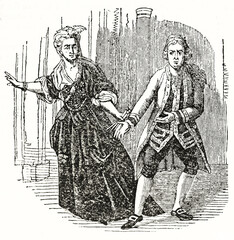 Couple of actors playing on stage dressing ancient costumes. David Garrick (1717 - 1779) acting Macbeth. Ancient engraving style art by unidentified author, The Penny Magazine, London 1837