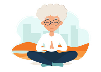 Senior woman in yoga lotus practices meditation. Yoga practice. Vector illustration in flat style. Old woman meditating outdoor