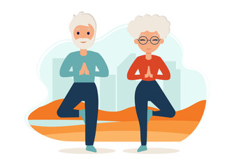 Senior couple goes in for sports on the street. Yoga practice. Vector illustration in flat style. Old man and woman are active outdoor
