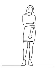 Continuous line drawing of standing confident woman. continuous line drawing of happy woman posing in dress. One single line drawing of young model woman take a pose