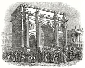 London Marble Arch fronting a crowd placed on square. Ancient engraving grey tone art by unidentified author, The Penny Magazine, London 1837