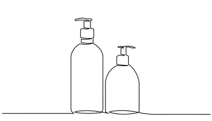 bottles with liquid soap.Continuous one line drawing. Spray bottles one line drawing on white isolated background. Vector illustration. Continuous line drawing of antiseptic in a bottle. Covid-19