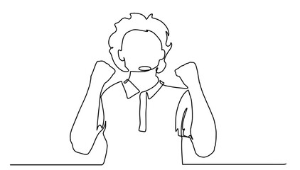 Continuous line drawing of cheering man holding fists. Happy young man celebrating success one line drawing. Vector illustration