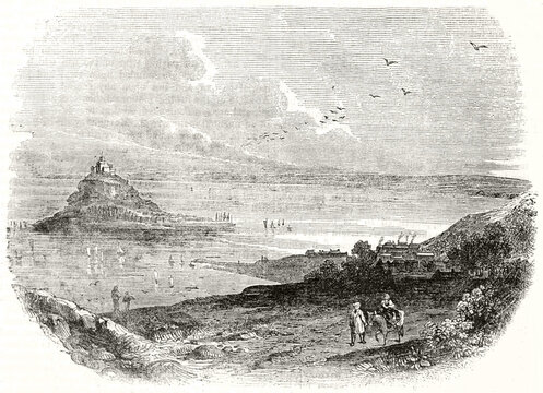 rocky seascape fronting the sea and shoreline. Little island with castle on top, Jersey. Ancient engraving grey tone art by unidentified author, The Penny Magazine, London 1837