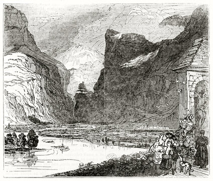 Non valley, northern Italy. Lake fronting high mountains. Ancient engraving grey tone art by unidentified author, The Penny Magazine, London 1837