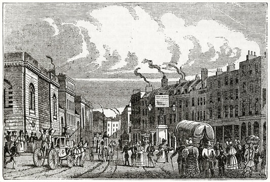 Old london busy square where there is placed the Old Bailey. Ancient engraving grey tone art by unidentified author, The Penny Magazine, London 1837