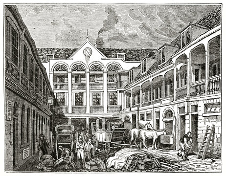 Old Blue Boar tavern, Holborn, London. courtyard inside old edifices with people working. Ancient engraving grey tone art by Charles Knight, The Penny Magazine, London 1837