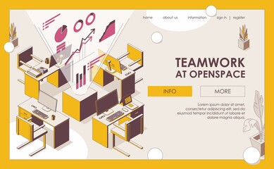 Teamwork at openspace office isometric landing page template. Outline tables and chairs, monoblock pc and accessories, charts and diagrams. Vibrant yellow and pink colors