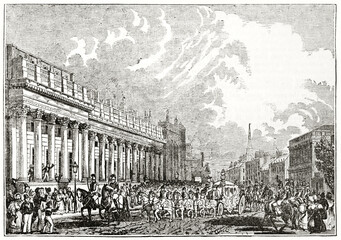 King's carriage crossing Parliament street, London, escorted by guards fronting monumental building. Ancient engraving grey tone art by unidentified author, The Penny Magazine, London 1837