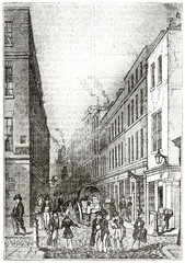 Vertical foreshortening of paternoster Row, London. Straight british buildings line and people. Ancient engraving grey tone art by unidentified author, The Penny Magazine, London 1837
