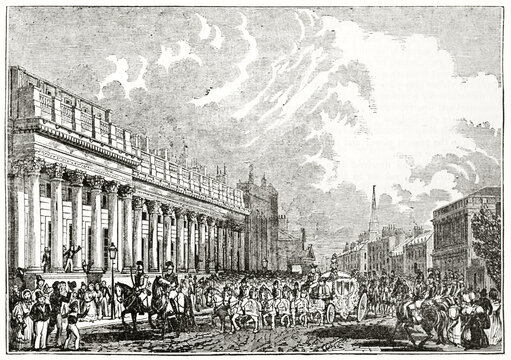 King's carriage crossing Parliament street, London, escorted by guards fronting monumental building. Ancient engraving grey tone art by unidentified author, The Penny Magazine, London 1837