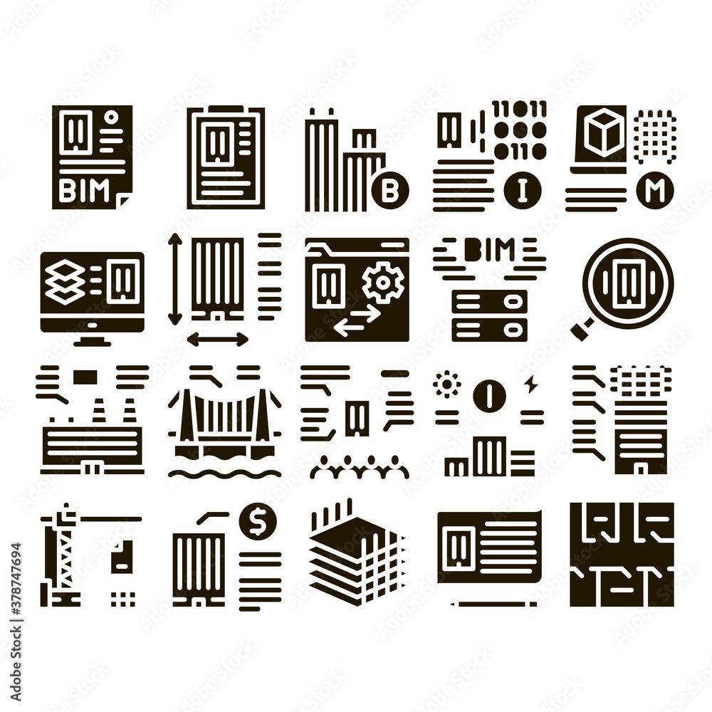 Poster bim building information modeling icons set vector. building document and plan, research and build c