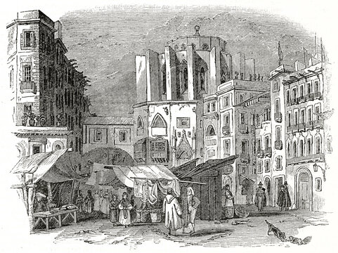 Old spanish architecture in a Barcelona neighborhood, Spain. Santa Maria del Mar church. Ancient engraving grey tone art by unidentified author, The Penny Magazine, London 1837
