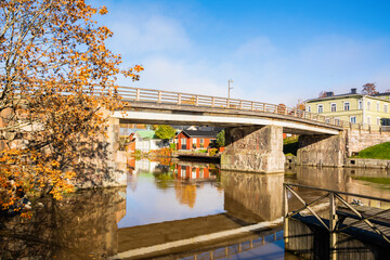View to Old Bridge (Vanha Silta) and old town of Porvoo and Porvoonjoki river, Finland