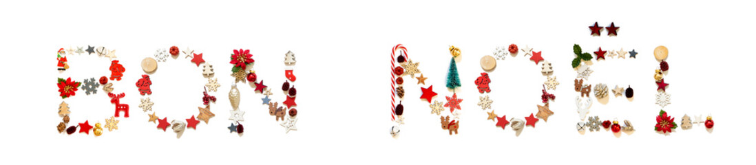Colorful Christmas Decoration Letter Building French Word Boen Noel Means Merry Christmas. Festive Ornament Like Christmas Tree, Star And Ball. White Isolated Background