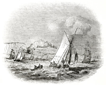 Spray boat fishing in little rough water on Thames river near Purfleet. Ancient engraving grey tone art by unidentified author, The Penny Magazine, London 1837