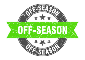 off-season round stamp with ribbon. label sign