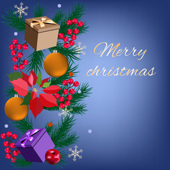 Vector Christmas illustration with spruce branch, beautiful balls, gifts, flowers poinsettia and greeting lettering.