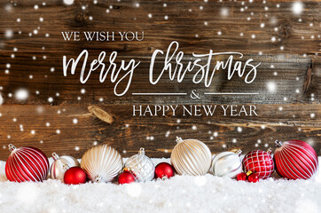 Merry Calligraphy Merry Christmas And A Happy New Year On Rustic Brown Wooden Backgroud. Red And...