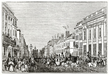 Old Saint James street, London. Straight elegant buildings and long carriages line. Ancient engraving grey tone art by unidentified author, The Penny Magazine, London 1837