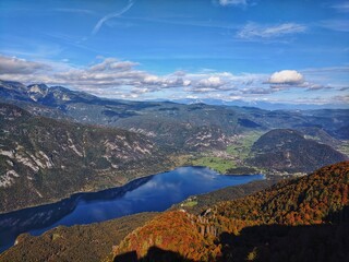 Scenic view of beautiful autumn mountains landscape and Bohinj Lake