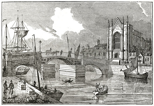 Old view of New Bridge and Holy Trinity church, Weymouth, U.K.. By unidentified author, publ. on The Penny Magazine, London, 1837