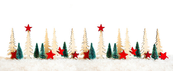 Banner With Many Christmas Tree. Red Christmas Star Decoration And Ornament With Snow. White Isolated Background