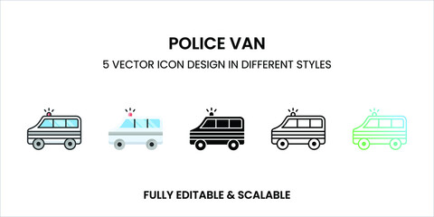 Police Van vector icon in colored outline, flat, glyph, line and gradient