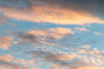 beautiful blue sky with clouds, nature background, film grain noise effect
