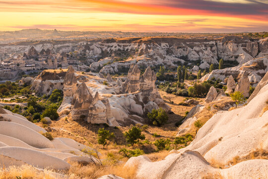 Rocky landscape in Cappadocia at sunset, Turkey. Travel in Cappadocia