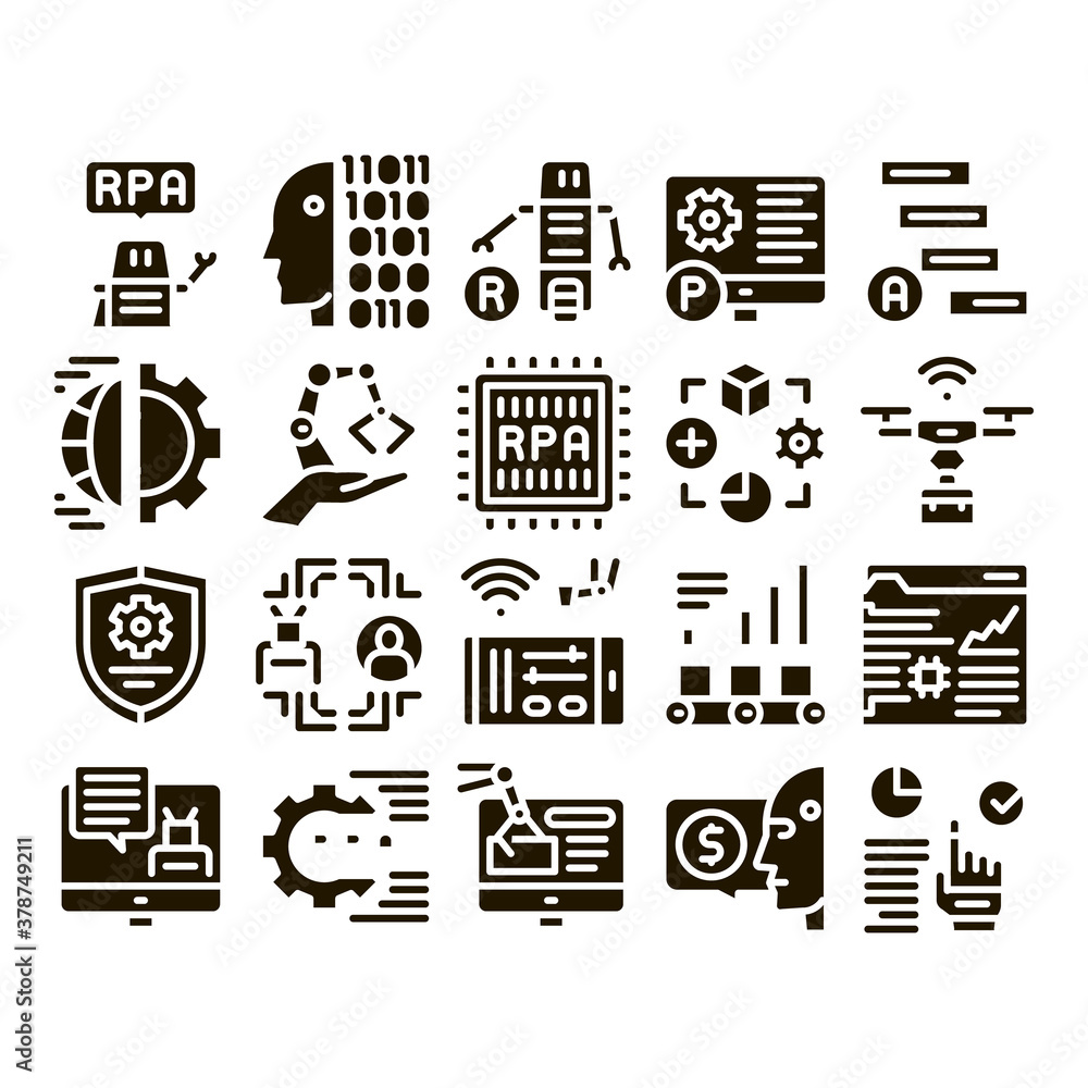 Poster rpa cyber technology glyph set vector. rpa robotic process automation, drone delivering and processo