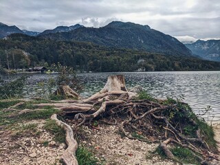 Scenic view of beautiful mountains landscape and Bohinj Lake