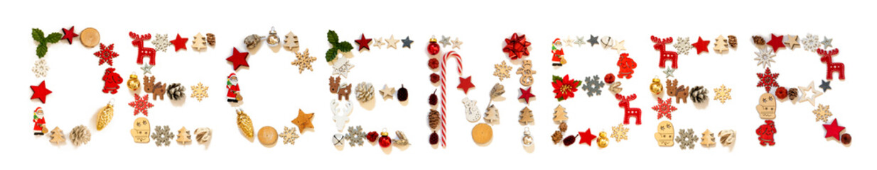 Colorful Christmas Decoration Letter Building English Word December. Festive Ornament Like Christmas Tree, Star And Ball. White Isolated Background