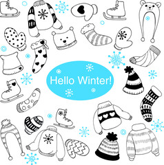 Vector set of winter things: different hats, sweaters, socks, mittens, and skates. Cute winter accessories. Doodle. Hand-drawn.