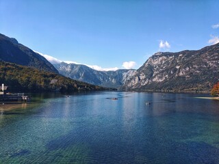 Scenic view of beautiful mountains landscape and Bohinj Lake
