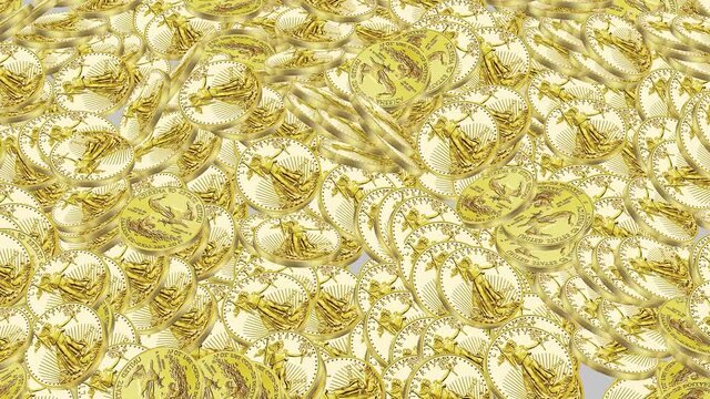American Gold Liberty Eagle bullion coins falling. The reverse depicts a nest of American eagles. Making it rain