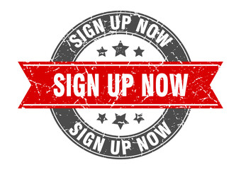 sign up now round stamp with ribbon. label sign