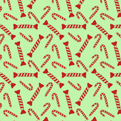 Christmas sweets and candies on a green background seamless pattern 