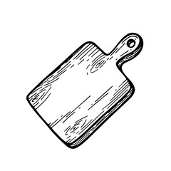 Kitchen tools wooden cutting board. Line art vector illustration isolated on white background. Cooking utensil. Chopping desk vector object for design, labels and logo.