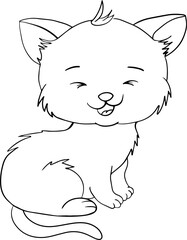 Vector kitten, cartoon cute happy white cat smiling. Character cat, line art, black and white drawing illustration for kids. Coloring Page for Children.Can be used for kids wear, card, nursery.