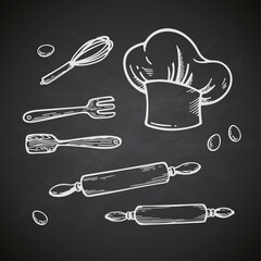 Hand drawn kitchen set. Vector illustration isolated on chalkboard background. Collection of kitchen stuff: chef hat, wooden sparula and fork, culinary whisk and rolling pin. 
