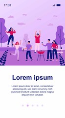 Group of friends enjoying barbecue party outdoors. Dancing people, singing on stage, wine flat vector illustration. Celebration, festival, event concept for banner, website design or landing web page