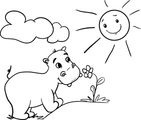 Cute little hippo character.Vector cartoon hippo smelling a flower .Coloring book hippopotamus, african, savannah animal.Can be used for t-shirt print, kids wear, baby shower, nursery.
