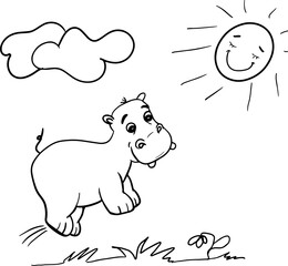 Vector cartoon hippo.Cute little hippo character, hand drawn vector illustration.Coloring book hippopotamus, african, savannah animal.Can be used for t-shirt print, kids wear, baby shower, nursery.