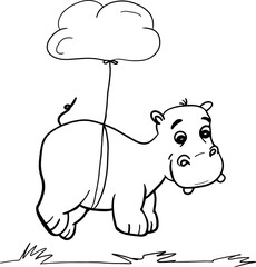Cute little hippo character. Vector cartoon hippo flying on cloud.Coloring book hippopotamus, african, savannah animal.Can be used for t-shirt print, kids wear, baby shower, nursery.