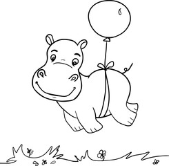 Cute little hippo character. Vector cartoon hippo flying on balloon.Coloring book hippopotamus, african, savannah animal.Can be used for t-shirt print, kids wear, baby shower, nursery.