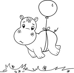 Cute little hippo character. Vector cartoon hippo flying on balloon.Coloring book hippopotamus, african, savannah animal.Can be used for t-shirt print, kids wear, baby shower, nursery.