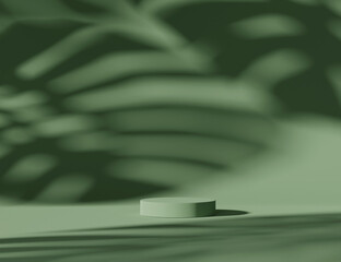 3D pedestal podium on tropical pastel green background. Exotic natural monstera palm leaf shadow  Beauty cosmetics product promotion display showcase. Jungle Minimal abstract 3D render illustration © kopikoo