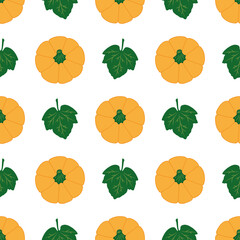 Colorful Pumpkins with leaves on a white background. Seamless vector pattern. Cute autumn illustrations for holiday decorations, festive cards, banners, wrappings, prints, fabrics, modern textiles.