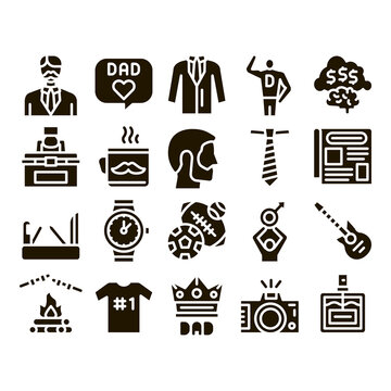 Dad Father Parent Glyph Set Vector. Dad With Beard And Office Working Place, Guitar And Photo Camera, Crown And Perfume Bottle Glyph Pictograms Black Illustrations